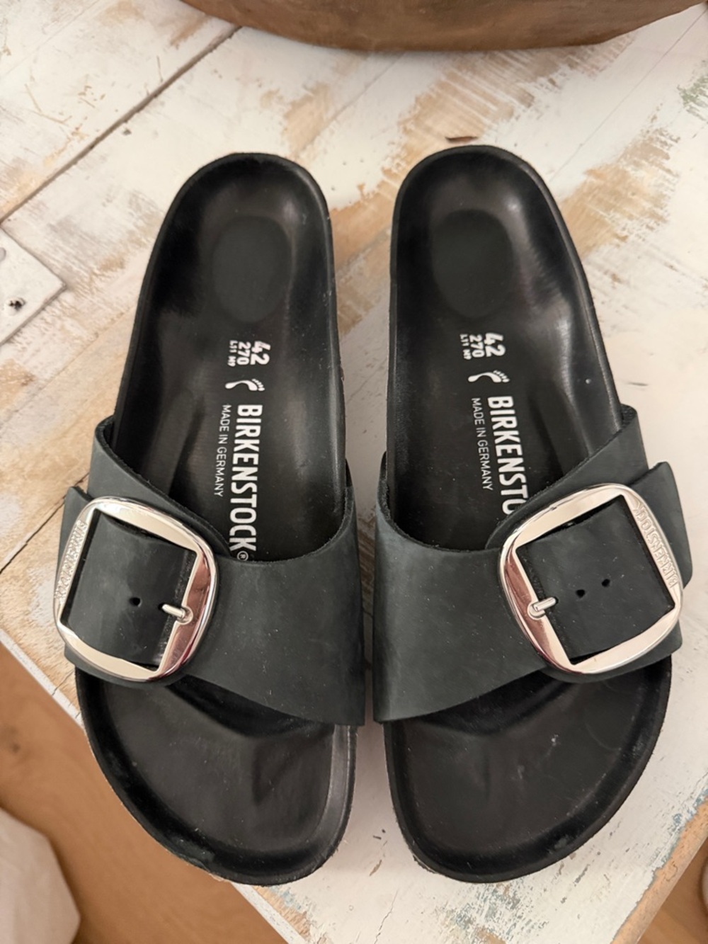 Birkenstock Black Madrid Slip-On Sandals with Silver Buckles - Picture 2 of 6